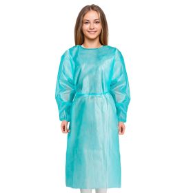 Disposable Isolation Gowns; 45" Long. Pack of 25 Blue Large Work Frocks for Men and Women. Polyethylene 1 mil PPE Robes with Elastic Thumb Loops. Unis