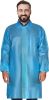 Disposable Lab Coats. Pack of 40 Blue Waterproof PE + PP 40 gsm Work Gowns X-Large; 41" Long. Protective Robes with Hook & Loop Fasteners; Collar; Ela