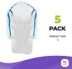 Disposable Gowns. Pack of 5 White Adult Isolation Gowns Large. 35 gsm SMS Medical Gowns with Tie Back Closure and Elastic Cuffs. Unisex Lab Coats. Non