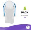 Disposable Gowns. Pack of 5 White Adult Isolation Gowns XX-Large. 35 gsm SMS Medical Gowns with Tie Back Closure and Elastic Cuffs. Unisex Lab Coats.